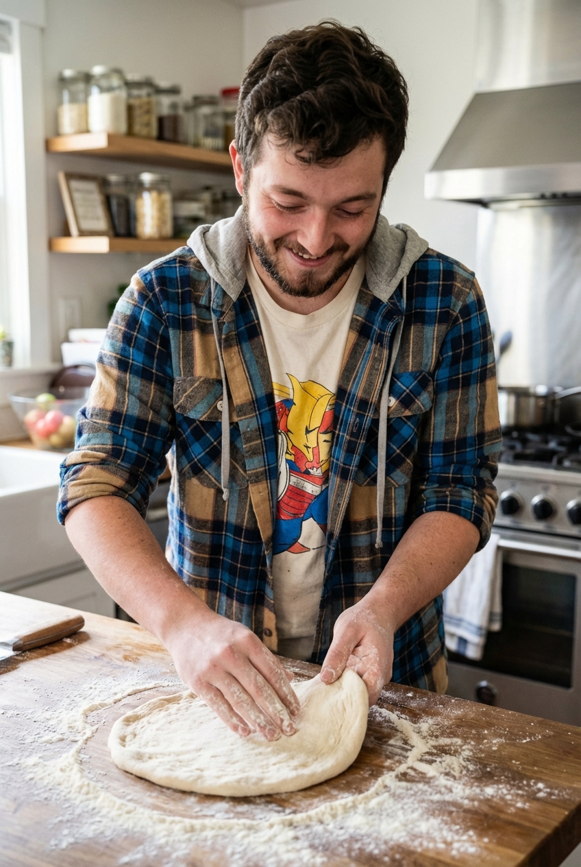 A hand stretching pizza dough into a round on a floured countertop