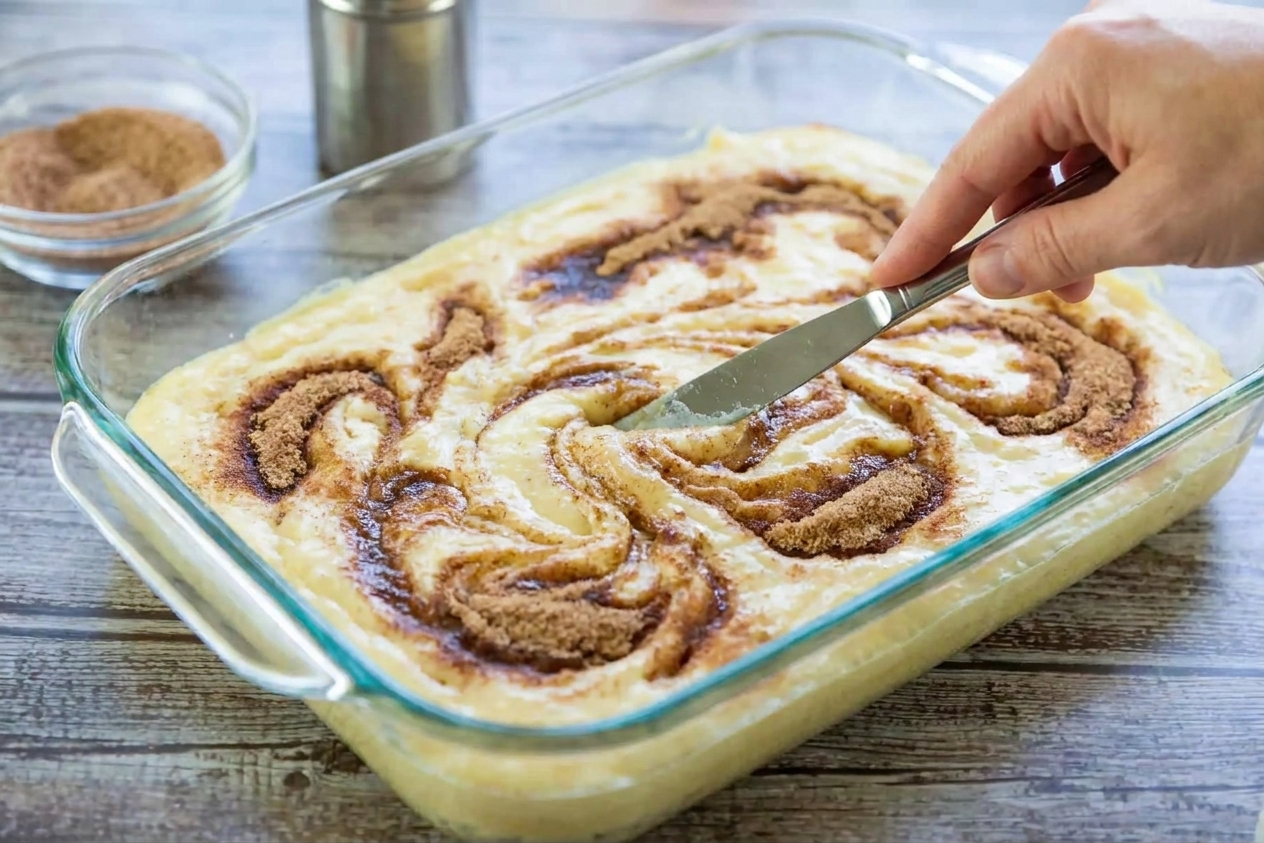 A hand swirling cinnamon brown sugar mixture through vanilla cake batter in a 9x13 pan using a butter knife