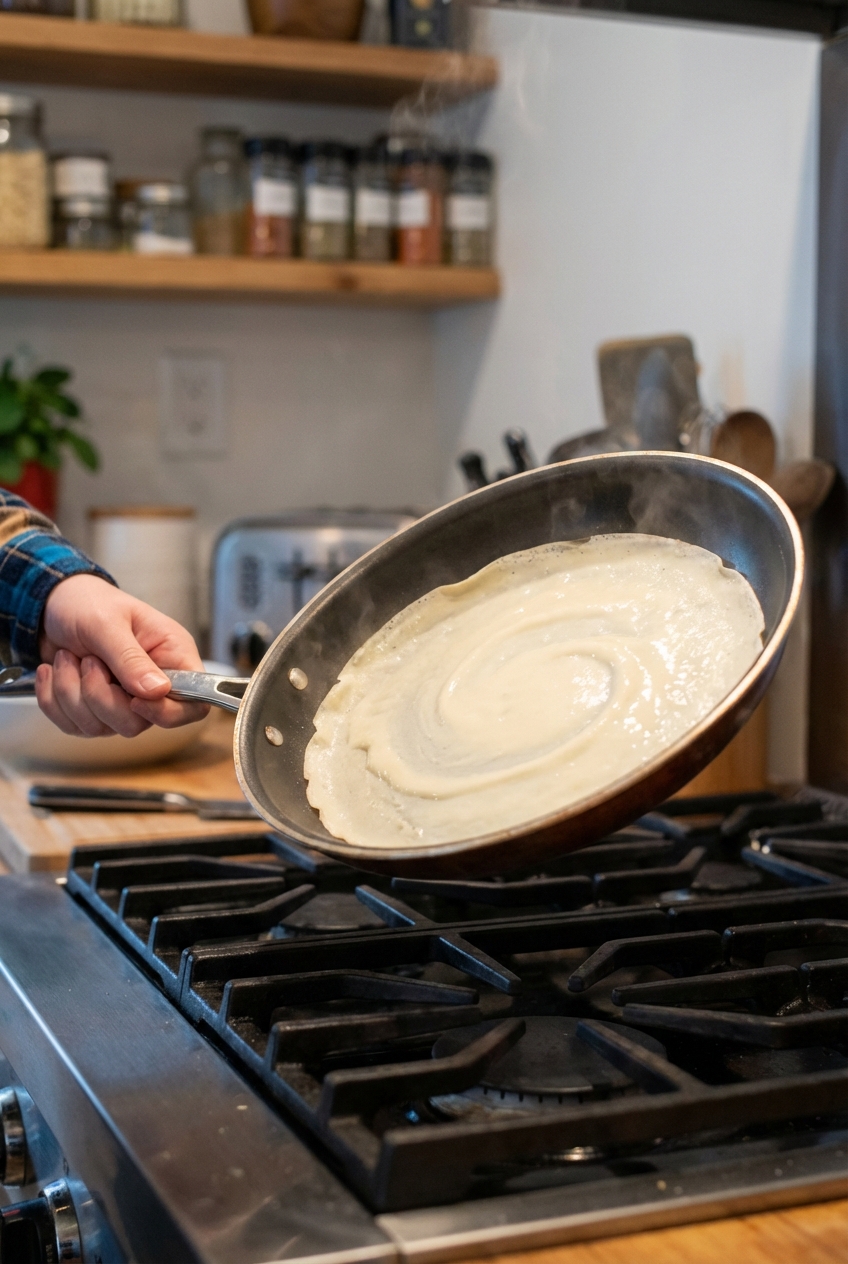 A hand swirling crepe batter in a hot nonstick skillet on a stovetop