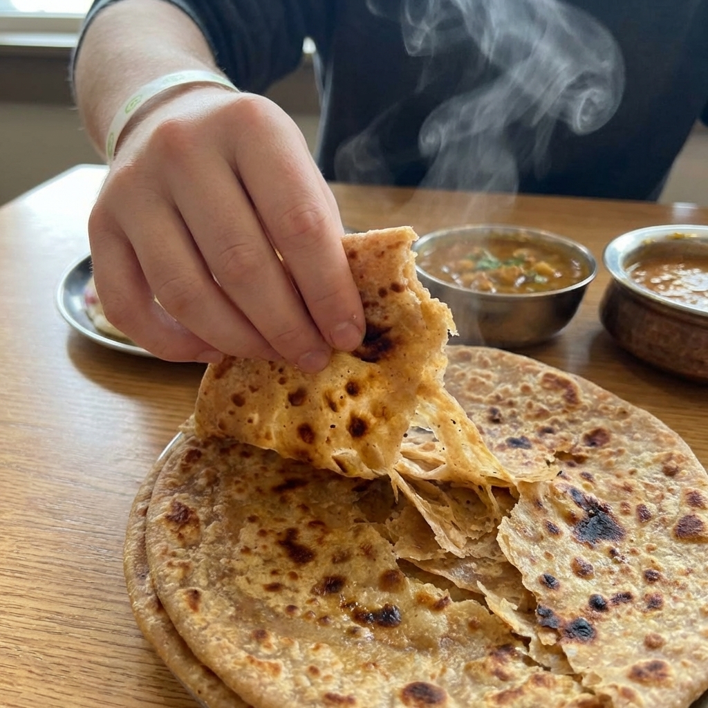 A hand tearing open a hot whole wheat paratha showing flaky layers and steam, close-up real food photography