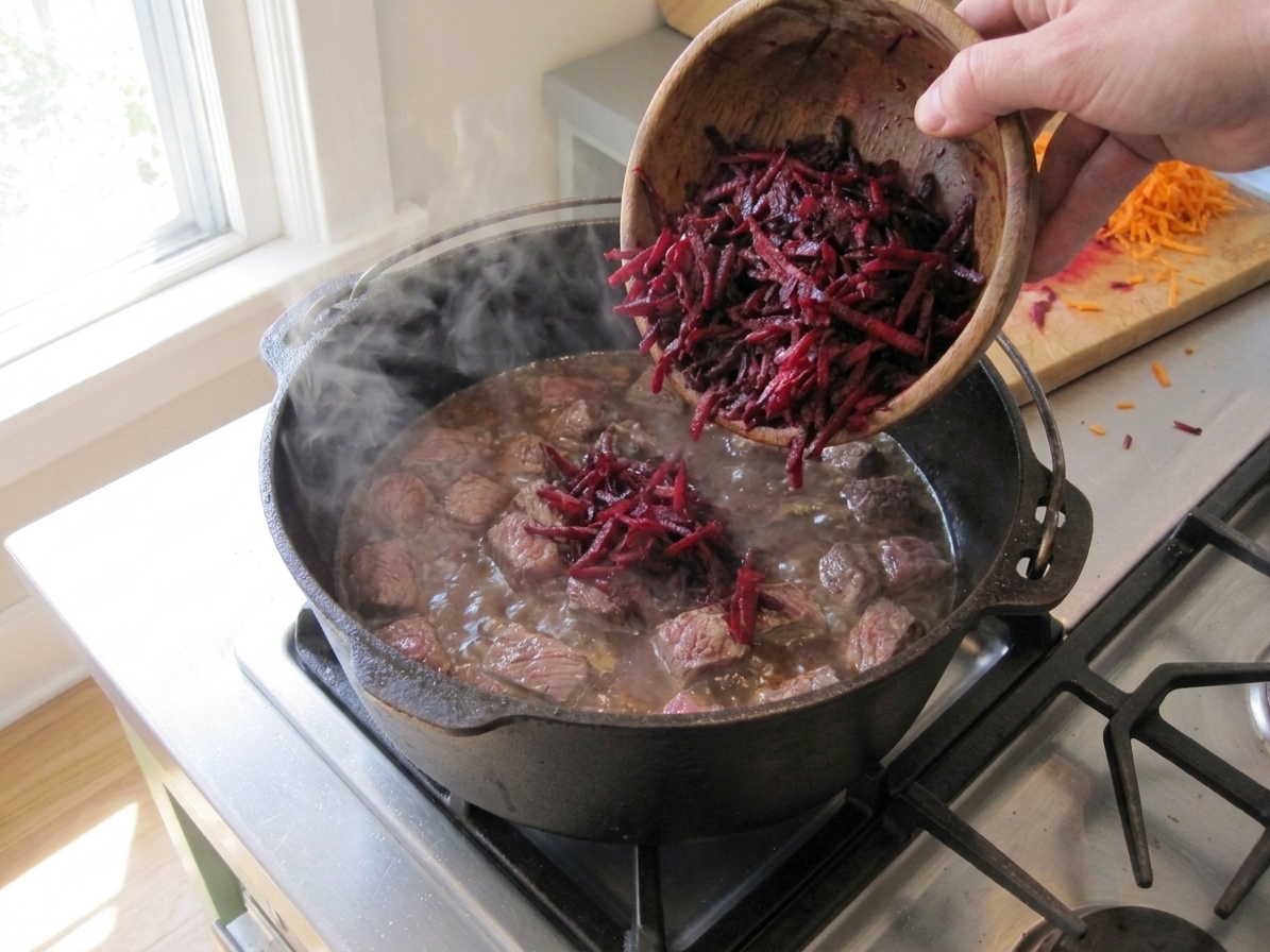 A hand tipping a bowl of grated beets into a simmering pot of soup on the stovetop