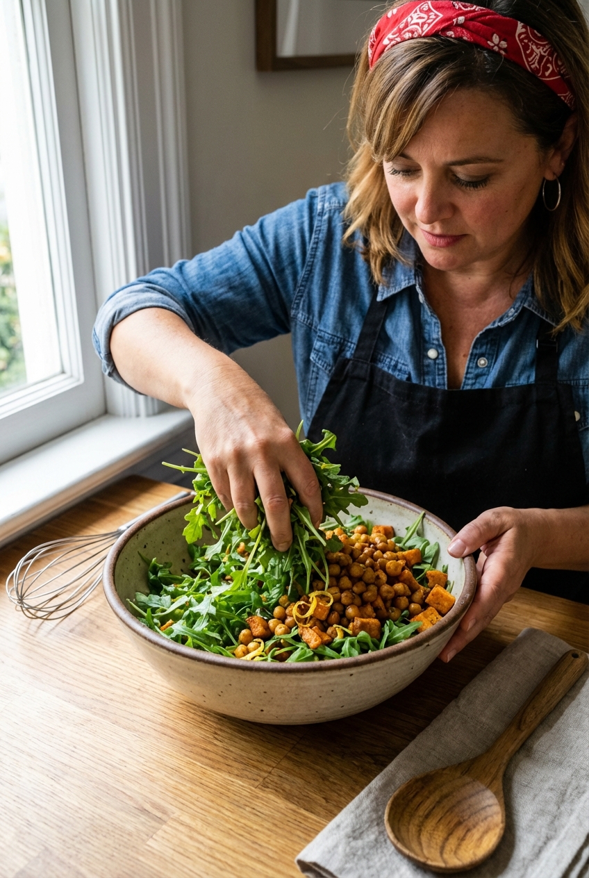 A hand tossing arugula with roasted chickpeas and sweet potatoes in a large mixing bowl