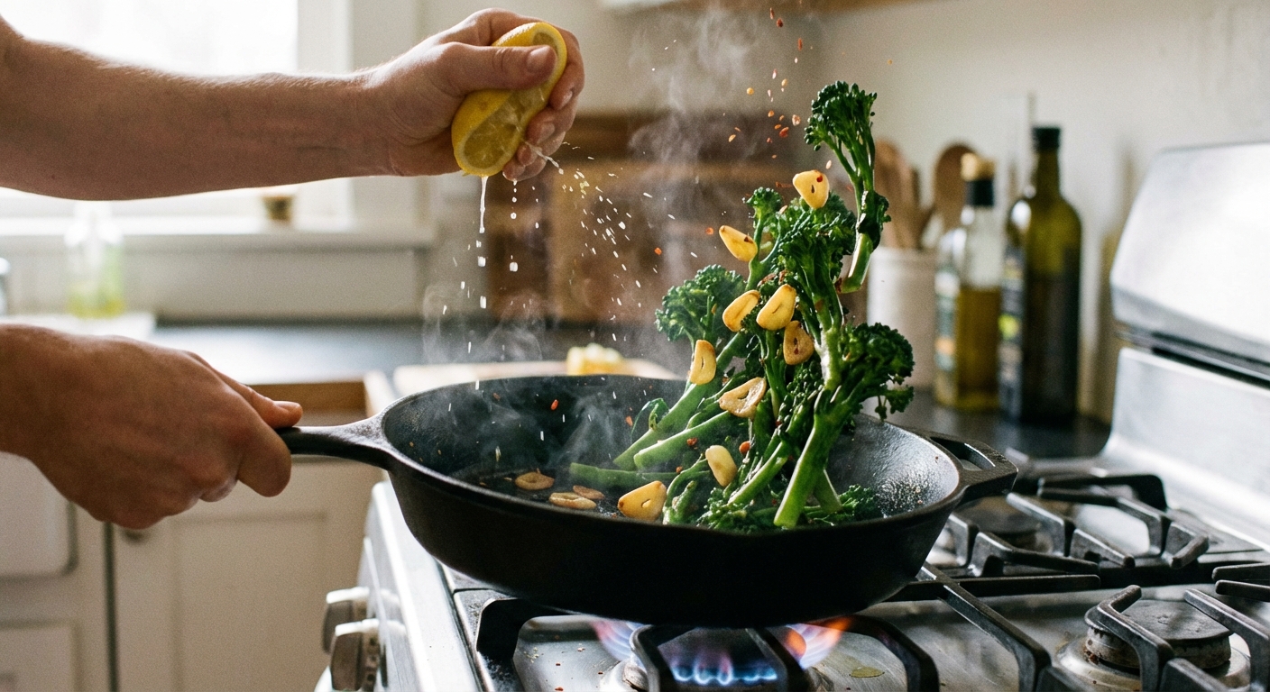 A hand tossing broccolini in a skillet with golden garlic and a lemon being squeezed over the top