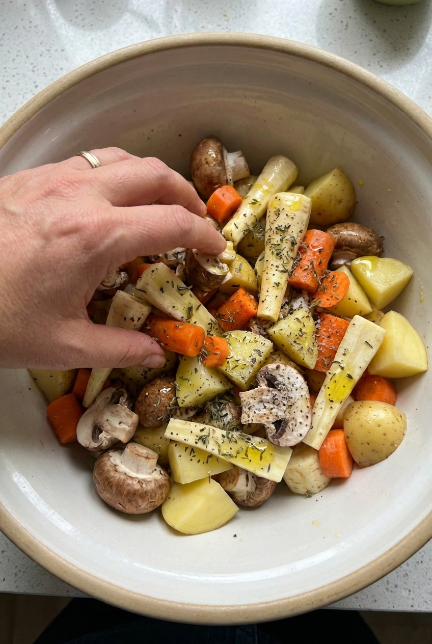 A hand tossing chopped root vegetables and mushrooms with olive oil and seasonings in a large mixing bowl