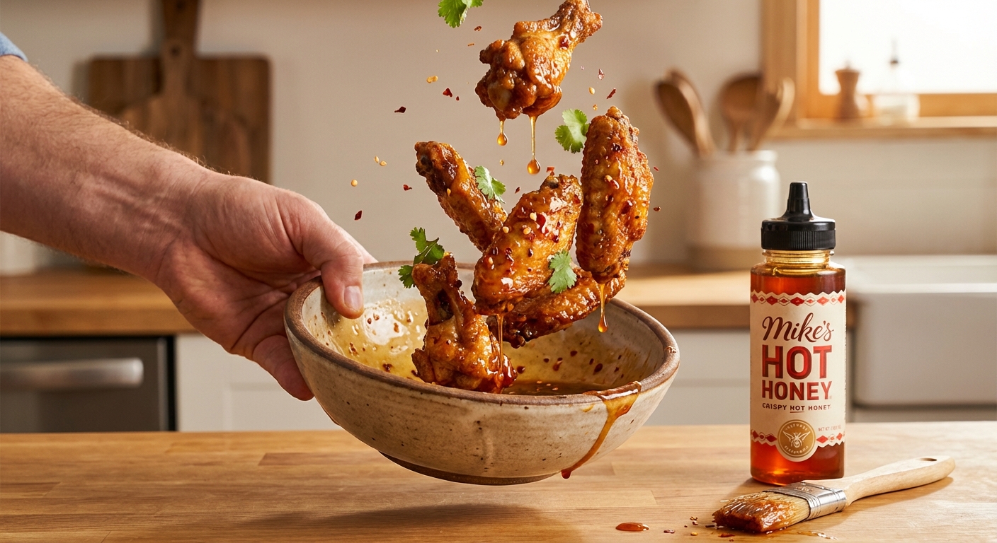A hand tossing crispy baked chicken wings in a bowl with glossy hot honey sauce
