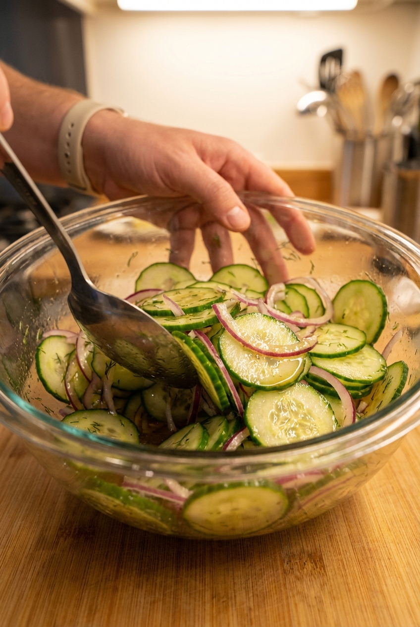 A hand tossing cucumber salad in a glass bowl with a spoon, showing glossy dressing coating the cucumber slices