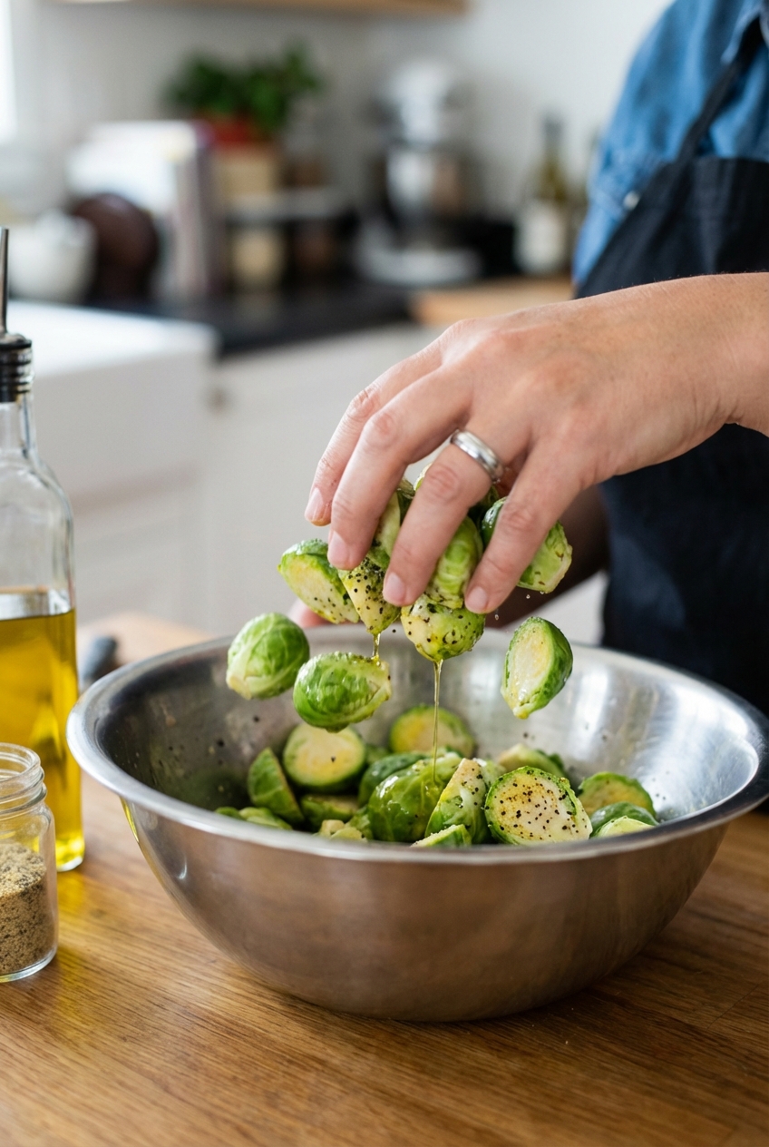 A hand tossing halved Brussels sprouts with olive oil and seasonings in a mixing bowl