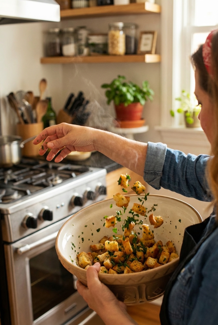 A hand tossing warm croutons with chopped herbs in a large mixing bowl