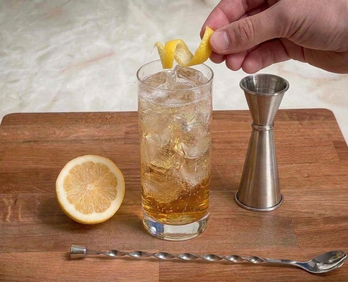 A hand twisting a lemon peel over a tall whiskey highball, releasing citrus oils over the drink