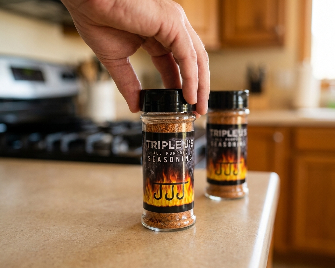 A hand twisting the lid onto a small airtight glass spice jar on a kitchen counter with a second jar behind it