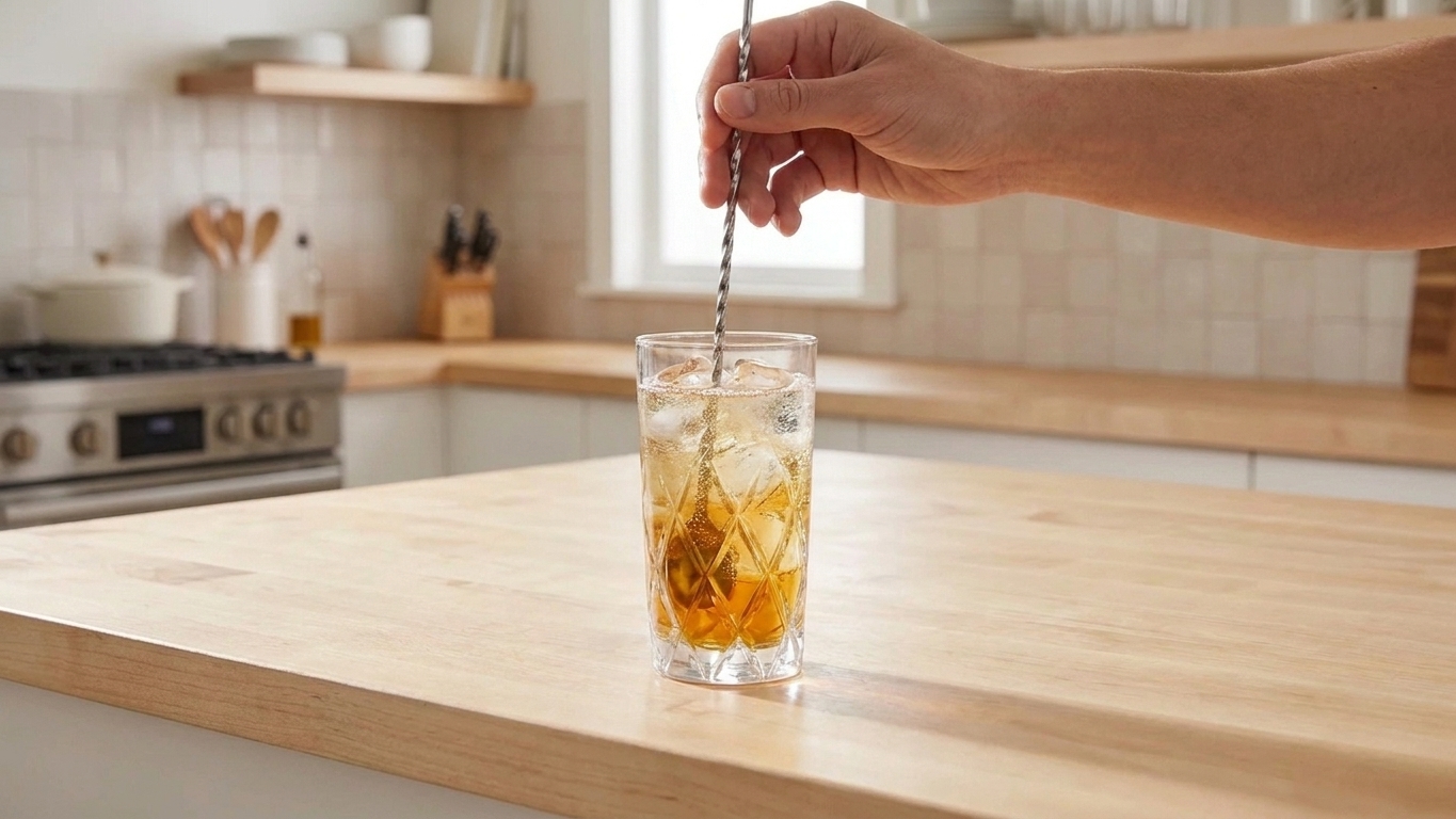 A hand using a bar spoon to gently stir a tall highball glass filled with ice, whiskey, and soda water on a kitchen counter