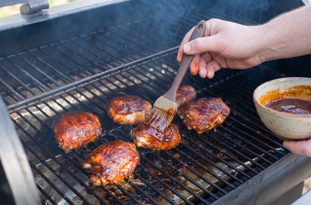 A hand using a basting brush to coat BBQ sauce over browned chicken thighs on a hot pellet grill