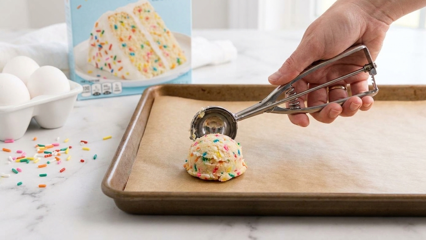 A hand using a cookie scoop to portion cake mix cookie dough onto a parchment-lined baking sheet on a kitchen counter
