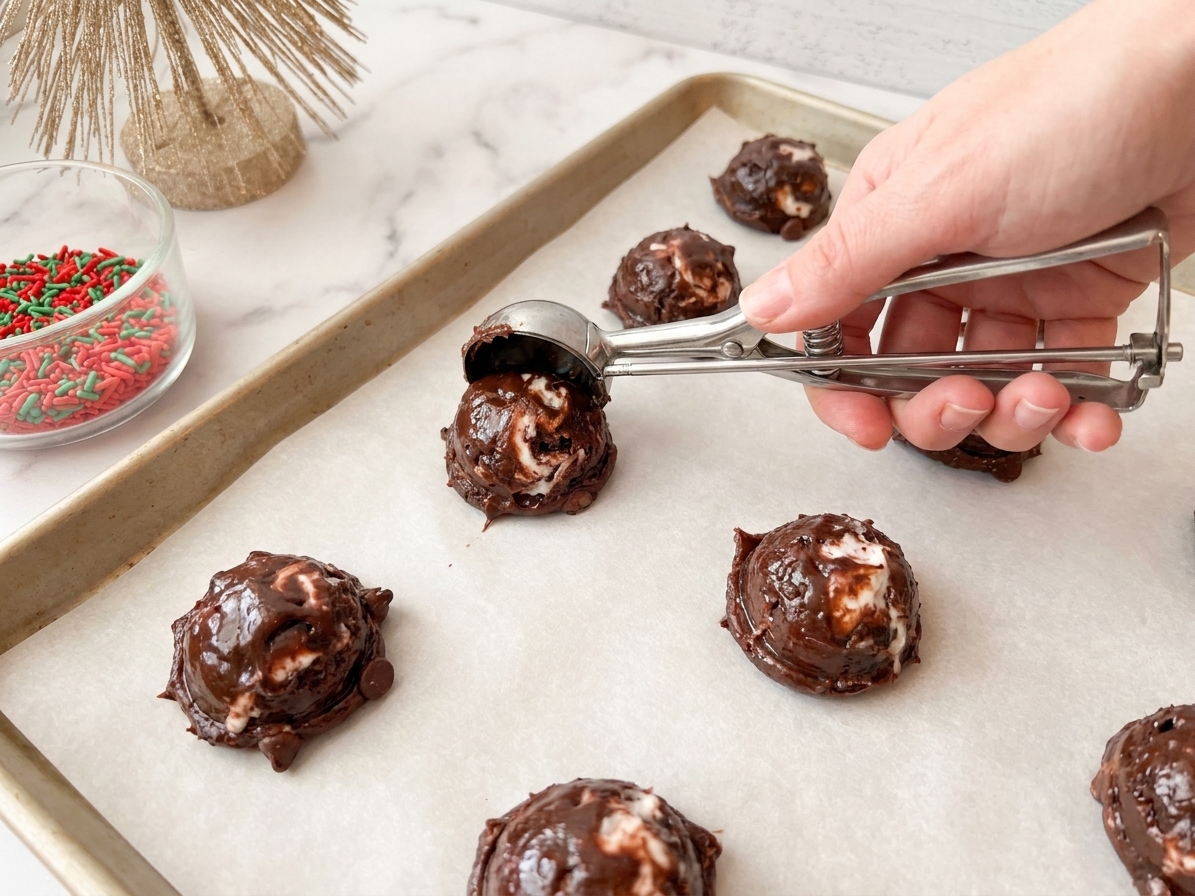 A hand using a cookie scoop to portion glossy brownie cookie batter onto a parchment-lined sheet pan