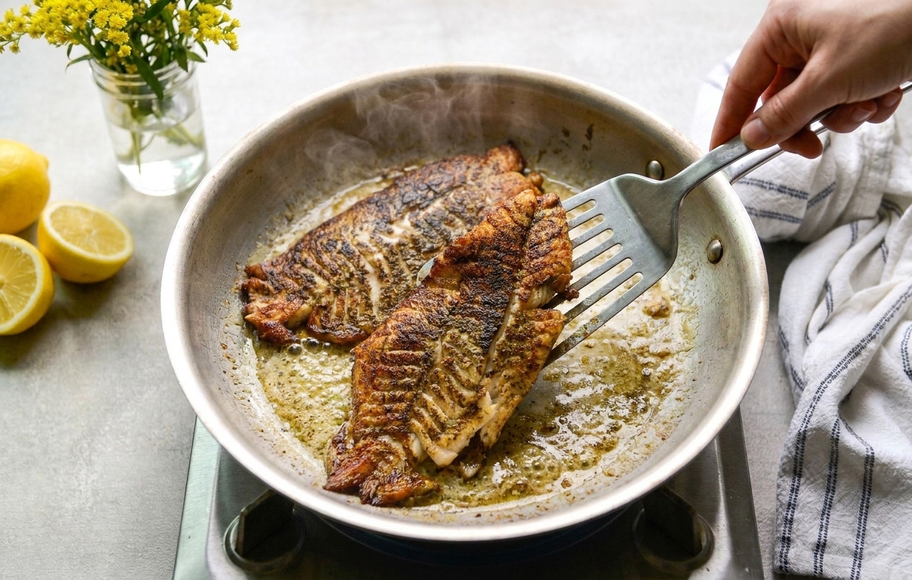 A hand using a fish spatula to flip a rockfish fillet in a skillet, showing a golden browned crust