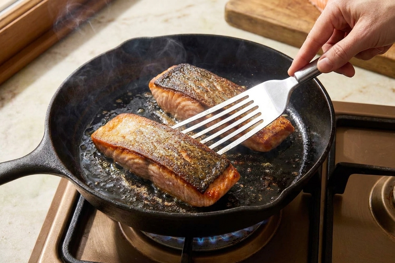 A hand using a fish spatula to gently press salmon fillets skin-side down in a hot skillet as the edges begin to crisp on a home stove