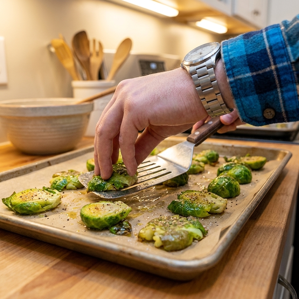 A hand using a flat spatula to smash par-cooked Brussels sprouts on a parchment-lined baking sheet before roasting, close-up food photography