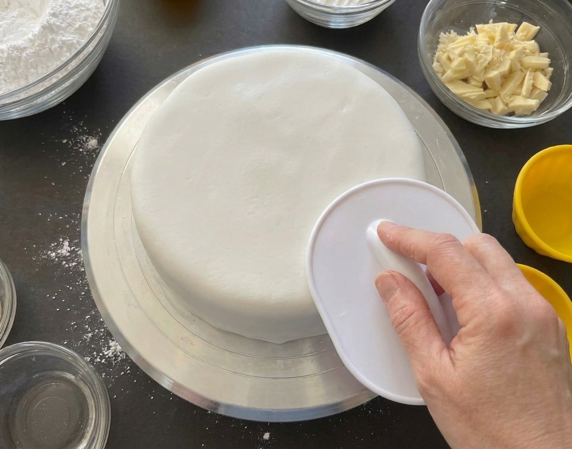A hand using a fondant smoother tool to press fondant down the side of a round cake on a turntable