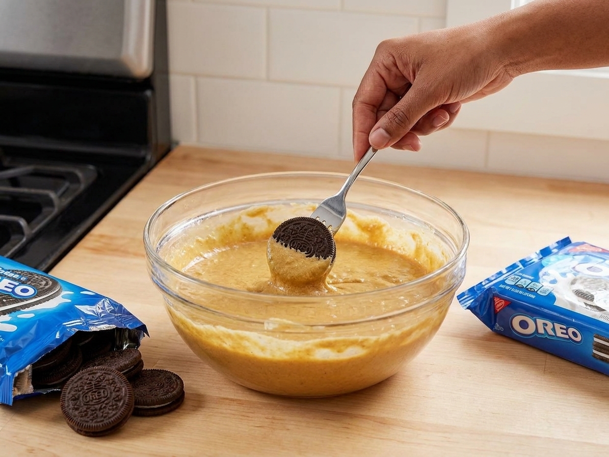 A hand using a fork to dip an Oreo into thick pancake batter in a mixing bowl