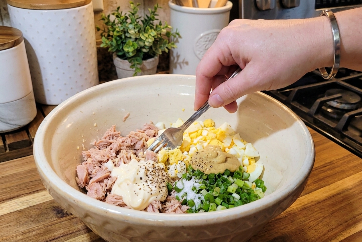 A hand using a fork to mix drained tuna with egg, mayo, Dijon, green onions, and seasonings in a ceramic mixing bowl on a kitchen counter