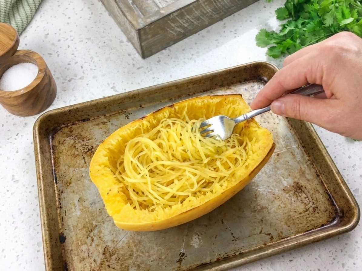 A hand using a fork to scrape roasted spaghetti squash into noodle-like strands inside the squash half on a sheet pan
