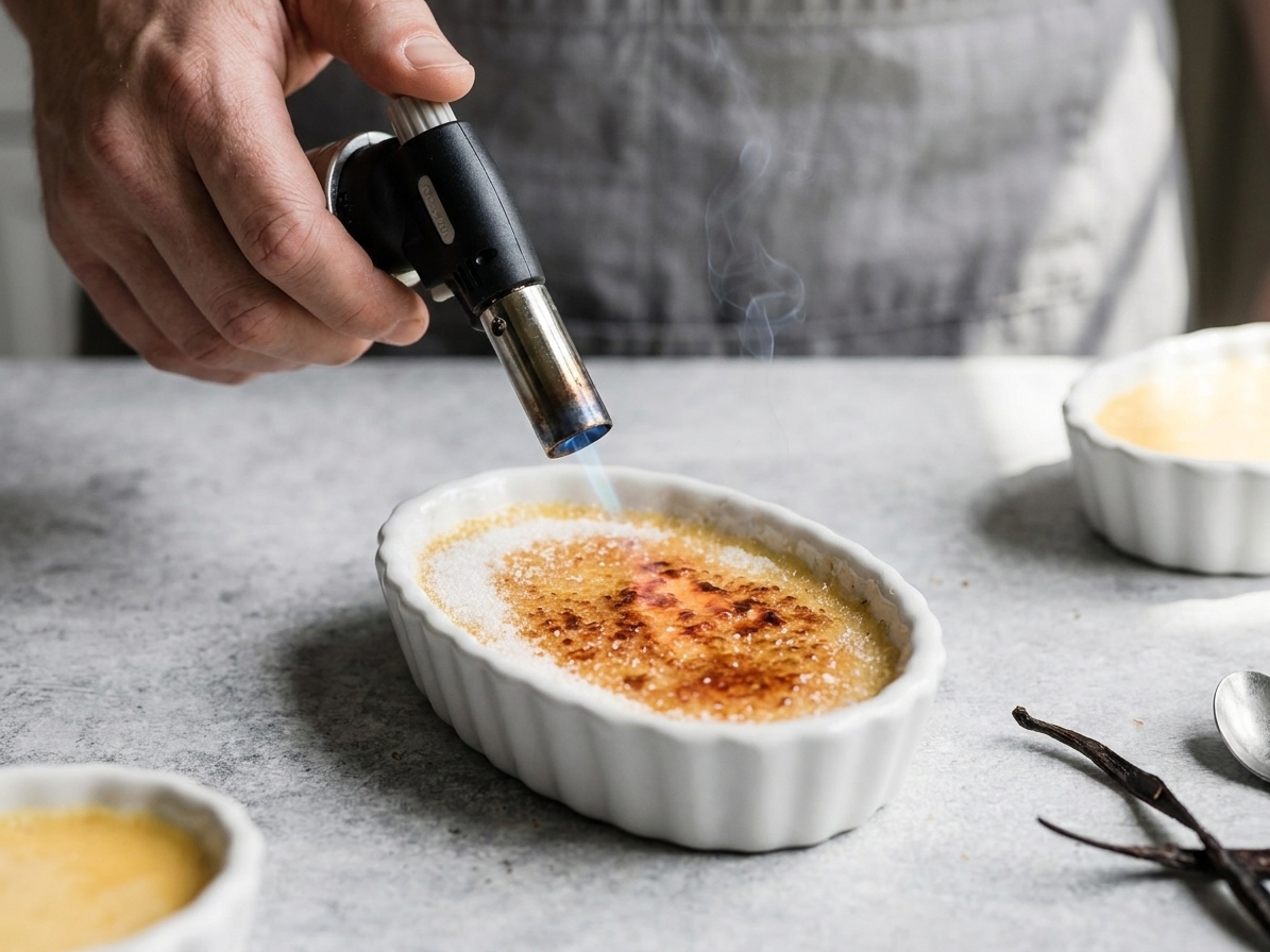 A hand using a kitchen torch to caramelize sugar on top of a chilled crème brûlée in a ramekin on a kitchen counter