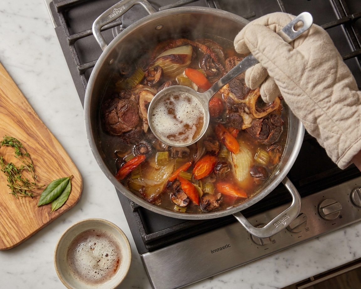 A hand using a ladle to skim foam from the surface of a gently simmering stockpot of beef broth on the stove