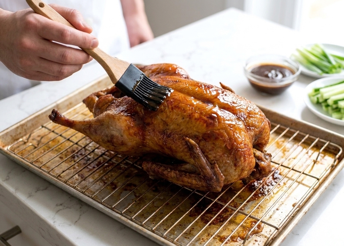 A hand using a pastry brush to coat a roasted duck with glossy hoisin honey glaze on a sheet pan