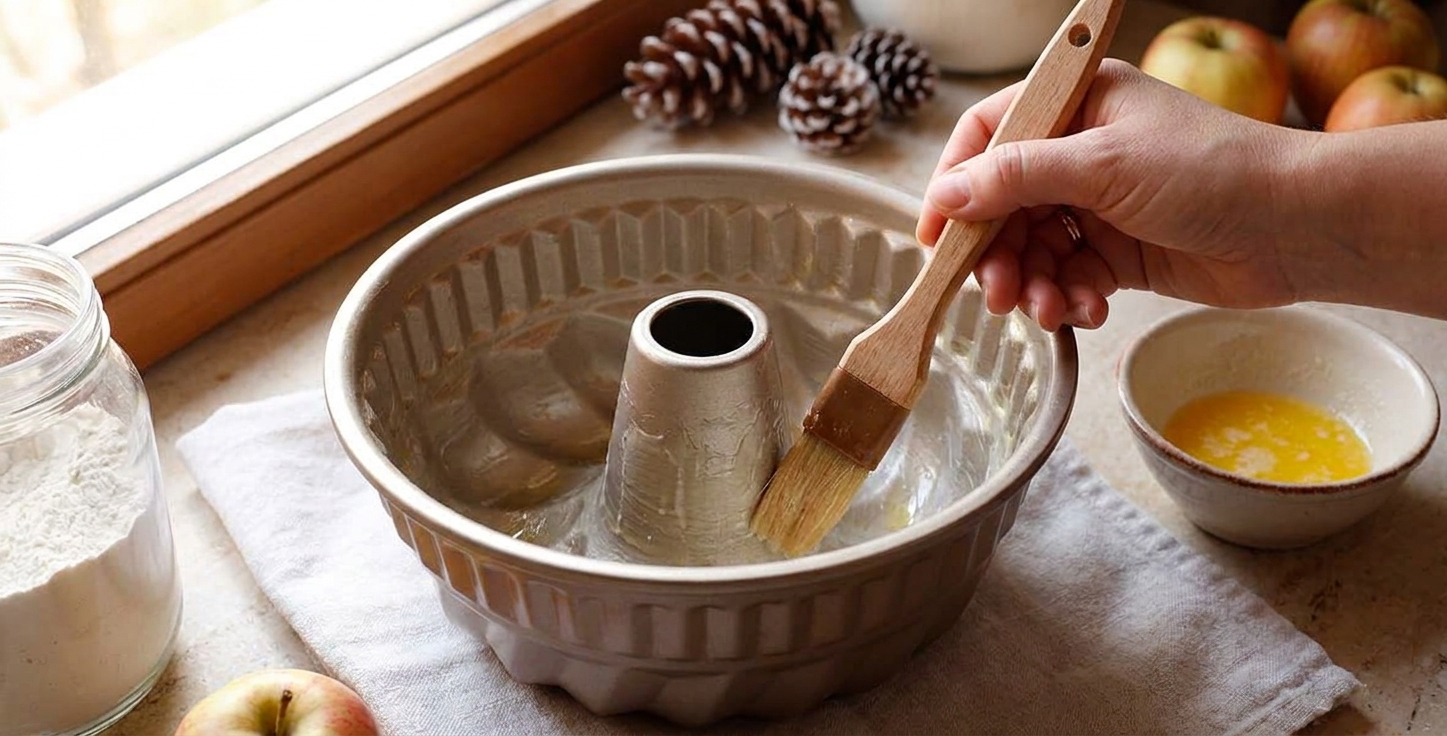 A hand using a pastry brush to grease the inside of a metal Bundt pan on a kitchen counter in soft natural light