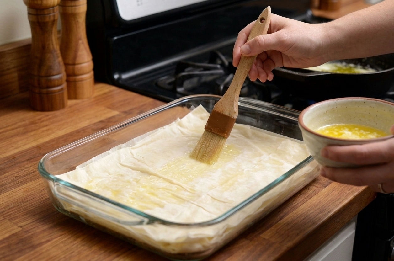 A hand using a pastry brush to lightly coat a sheet of phyllo dough with melted butter in a rectangular baking dish