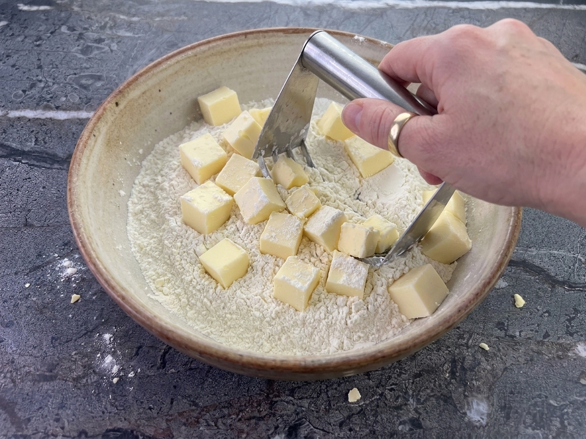 A hand using a pastry cutter to cut cold butter into flour in a large bowl on a kitchen counter