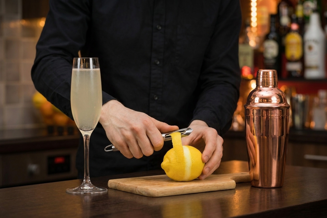 A hand using a peeler to cut a long strip of lemon peel on a cutting board beside a cocktail glass