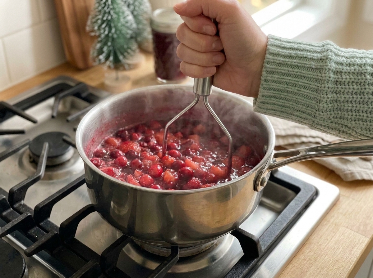 A hand using a potato masher in a pot of red cranberry strawberry jam to adjust the texture on a home kitchen stove