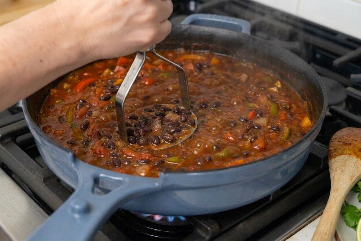 A hand using a potato masher to mash black beans in a pot of chili on a stovetop to thicken the texture