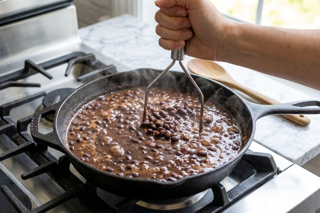 A hand using a potato masher to mash simmering black beans in a skillet to thicken the sauce on a stovetop