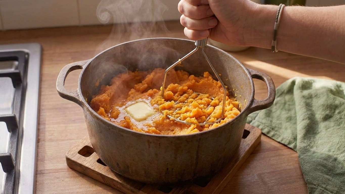 A hand using a potato masher to mash sweet potatoes in a pot with butter partially melted into the mash