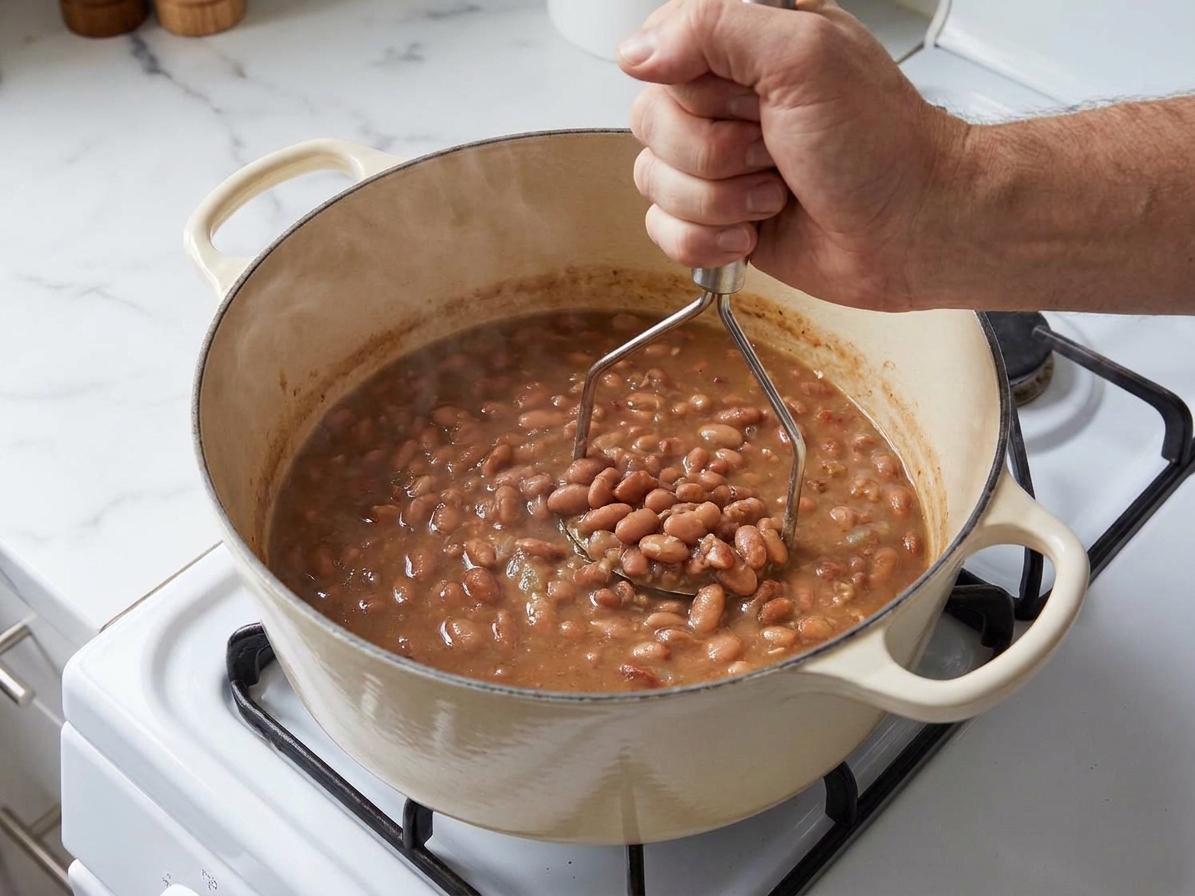 A hand using a potato masher to mash tender pinto beans in a pot, thickening the cooking liquid
