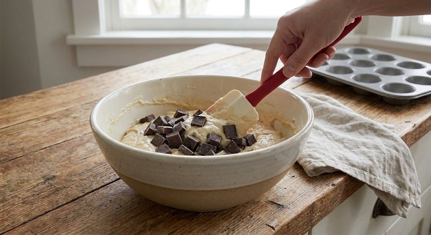 A hand using a rubber spatula to fold chopped chocolate into thick muffin batter in a large bowl on a kitchen counter
