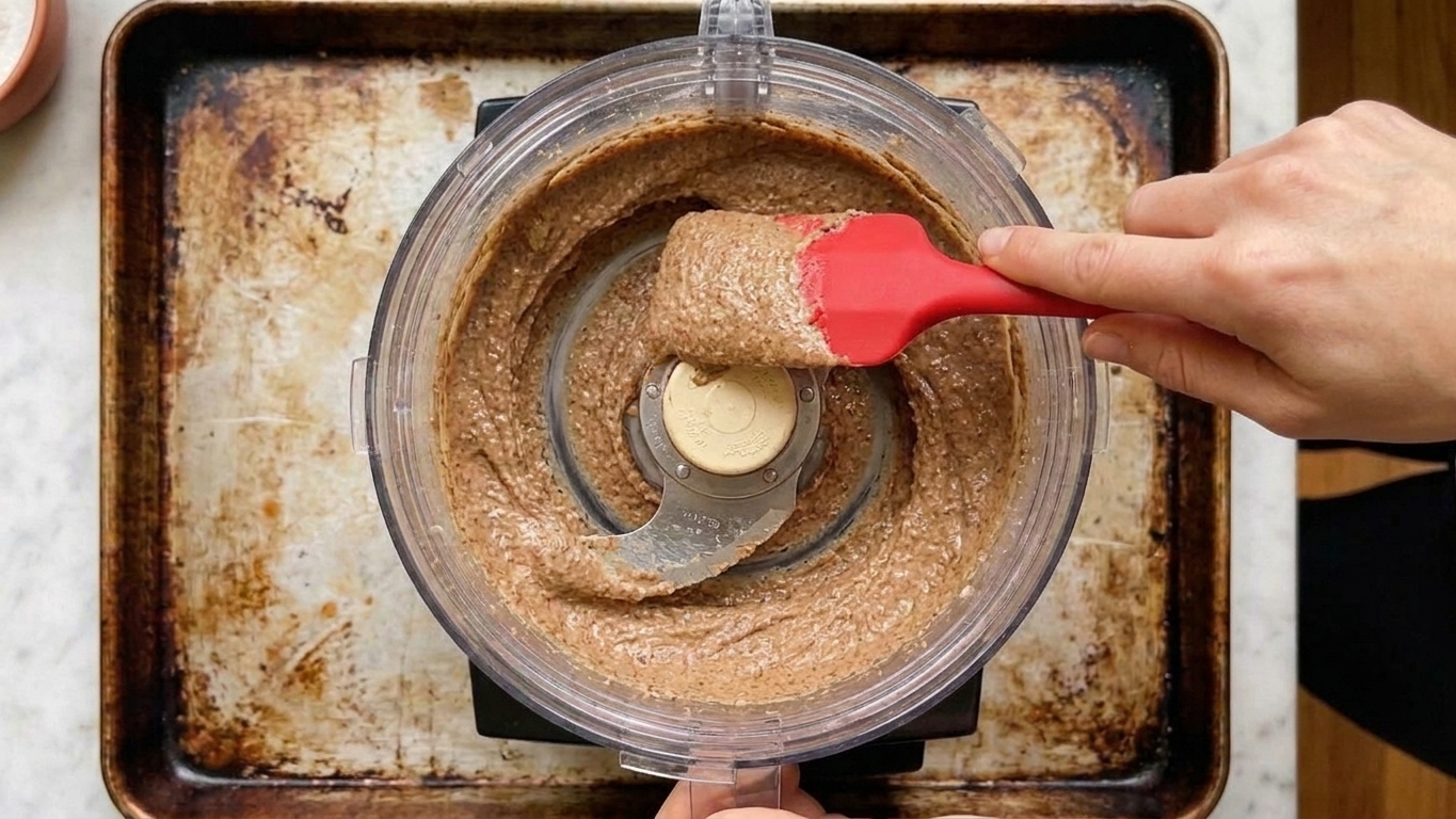 A hand using a rubber spatula to scrape almond butter from the side of a food processor bowl