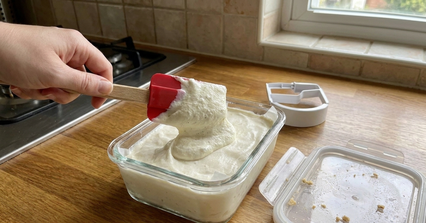 A hand using a rubber spatula to transfer freshly churned vanilla ice cream from the ice cream maker bowl into a freezer-safe container on a kitchen counter