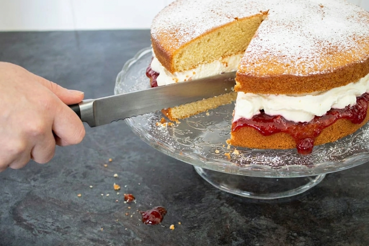 A hand using a serrated knife to slice a Victoria sandwich cake, showing layers of golden sponge, strawberry jam, and whipped cream on a cake stand