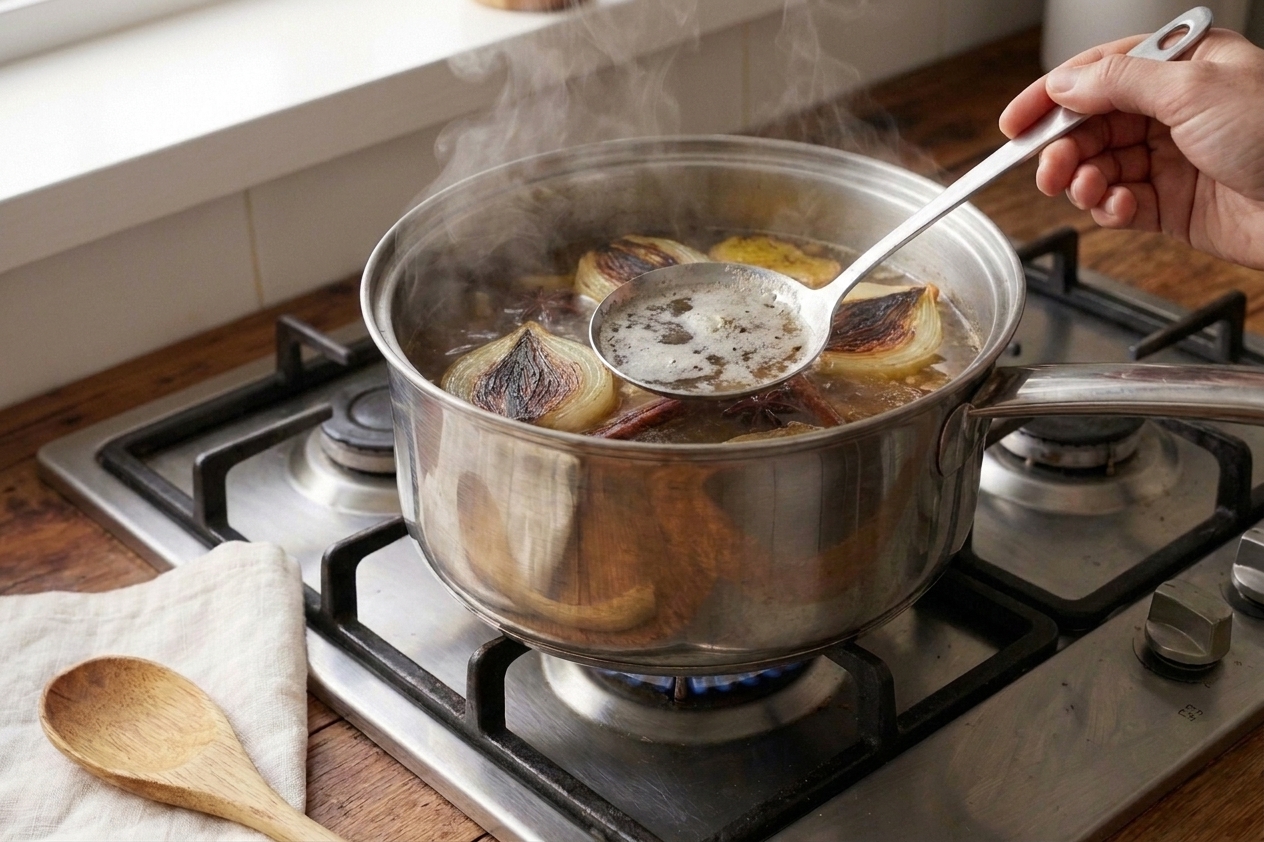 A hand using a shallow ladle to skim foam from the surface of simmering pho broth in a large pot on the stove