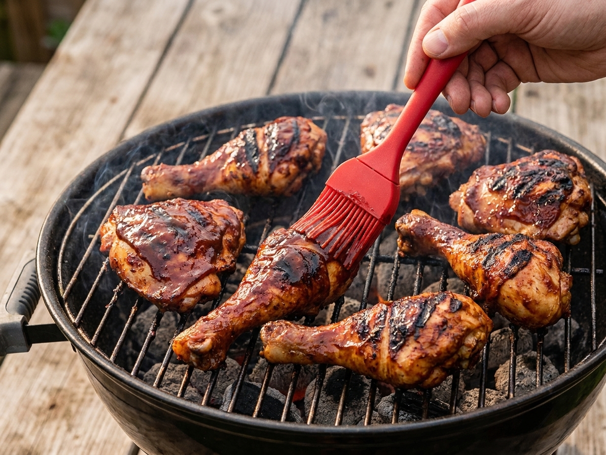 A hand using a silicone brush to baste BBQ sauce onto chicken pieces on a backyard grill with gentle char marks