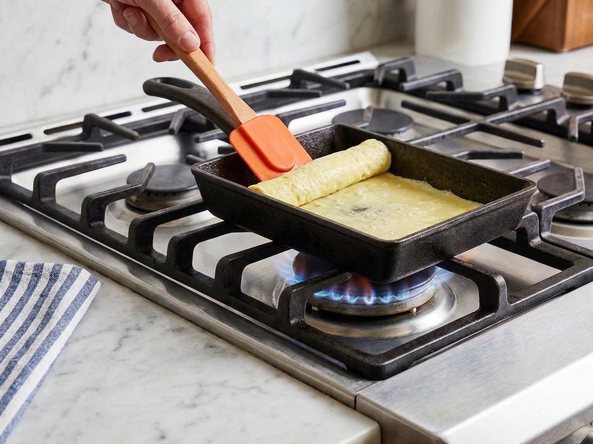 A hand using a silicone spatula to roll a thin omelet layer into a tight log inside a rectangular pan