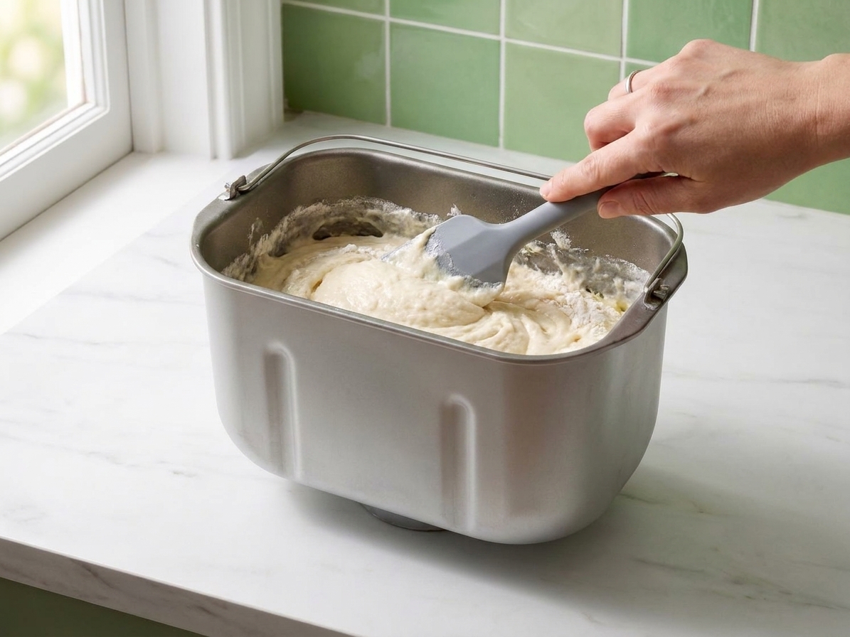 A hand using a silicone spatula to scrape down the corners of a bread machine pan while a thick gluten free bread batter mixes
