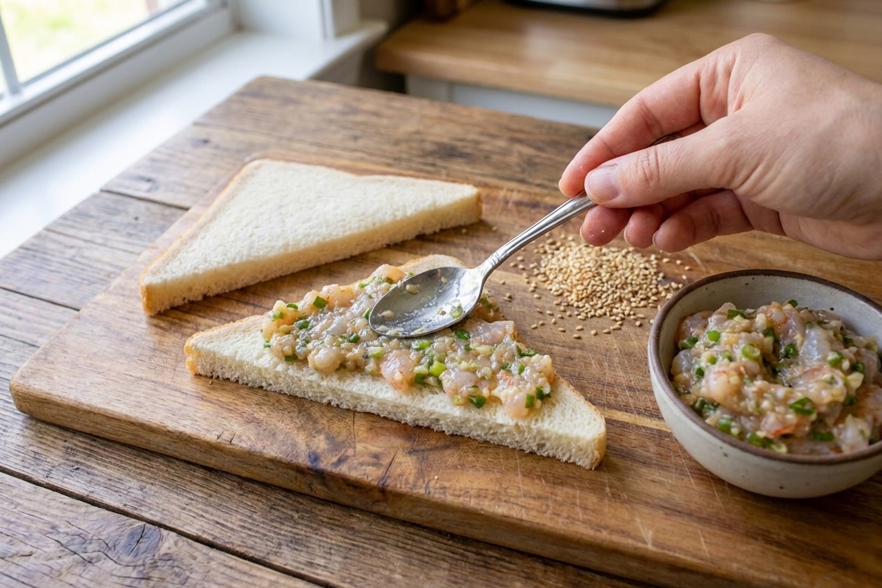 A hand using a small spoon to spread seasoned shrimp paste evenly over a triangle of white bread on a cutting board