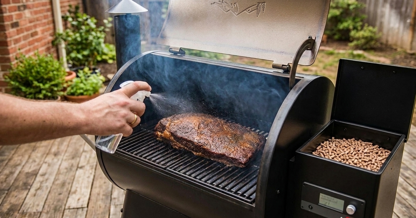 A hand using a small spray bottle to spritz a brisket on a pellet grill while bark forms on the surface