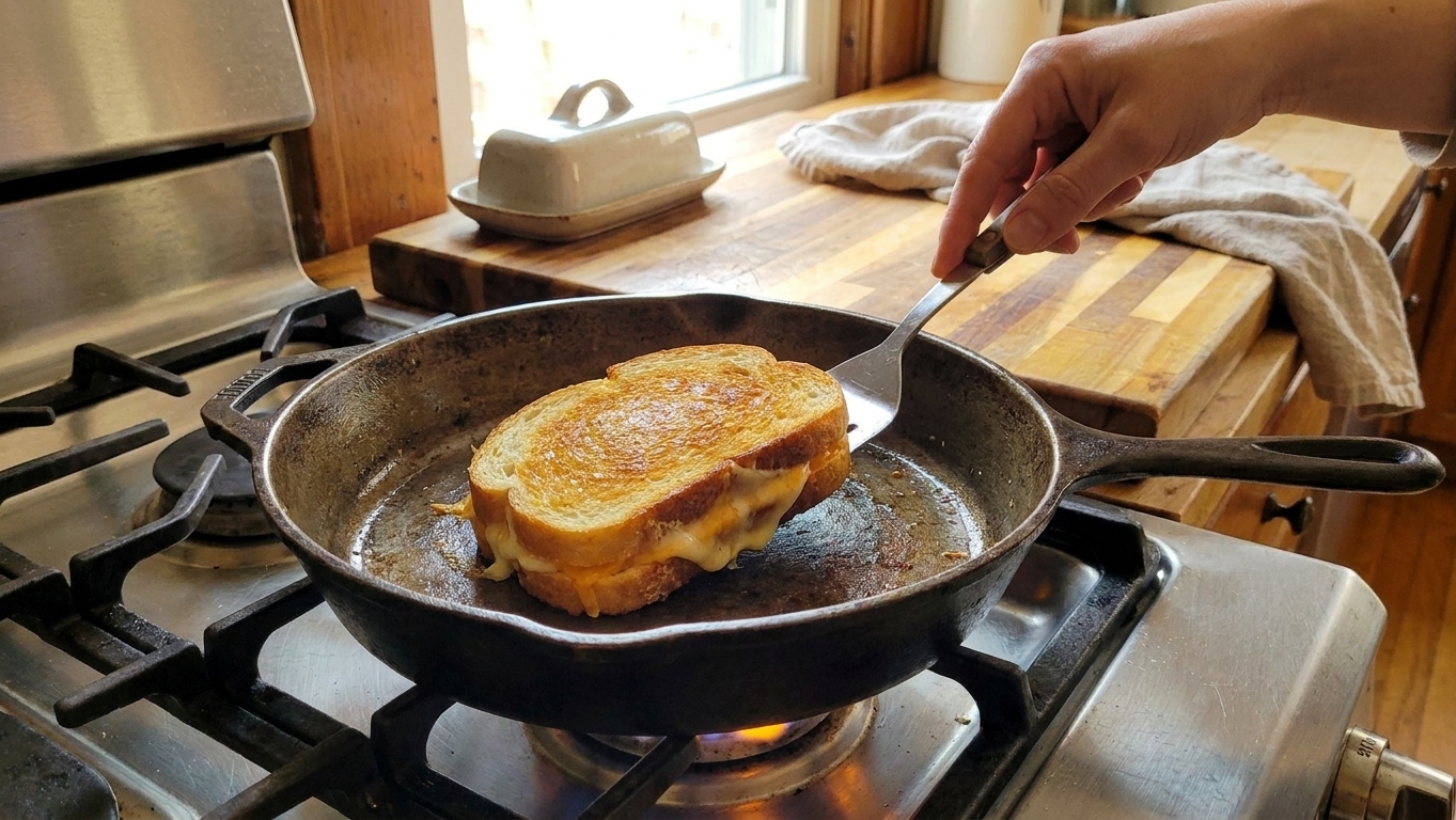 A hand using a spatula to flip a golden grilled cheese sandwich in a hot skillet on a stovetop