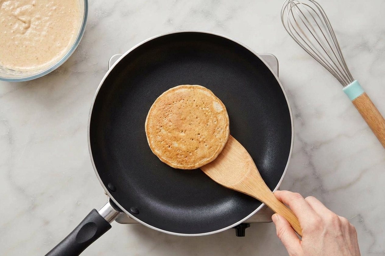 A hand using a spatula to flip a golden pancake in a nonstick skillet on a stovetop
