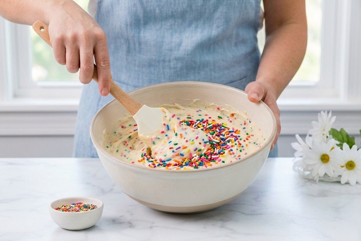 A hand using a spatula to gently fold rainbow jimmies into vanilla cake batter in a mixing bowl